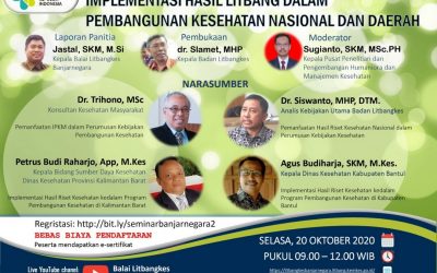 Seminar Daring Implementasi Hasil Litbang Dalam Pembangunan Kesehatan Nasional dan Daerah, Selasa 20 Oktober 2020